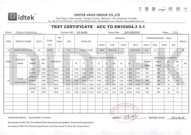 Проверьте сертификат испытаний клапана ACC на EN10204.3 3